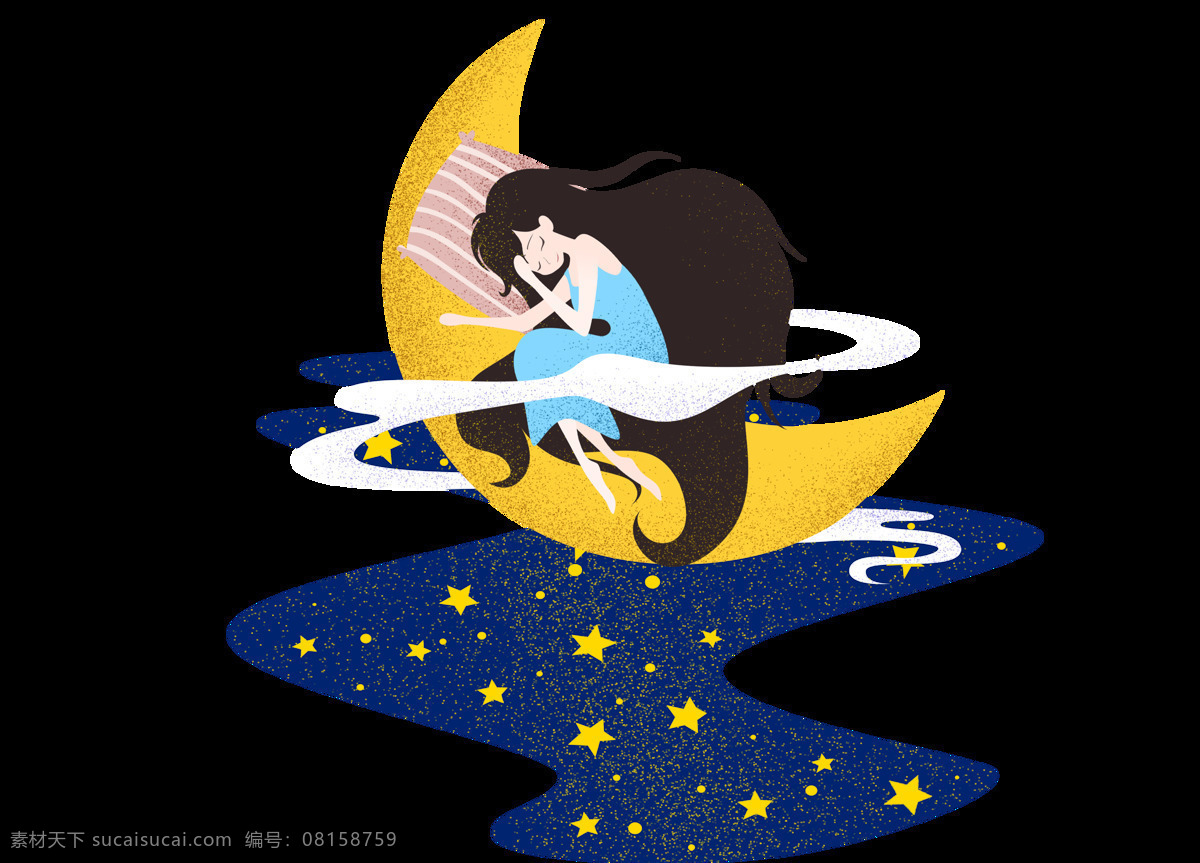 卡通 手绘 美女 睡 月亮 上 元素 黄色 星星 png元素 免抠元素 透明元素