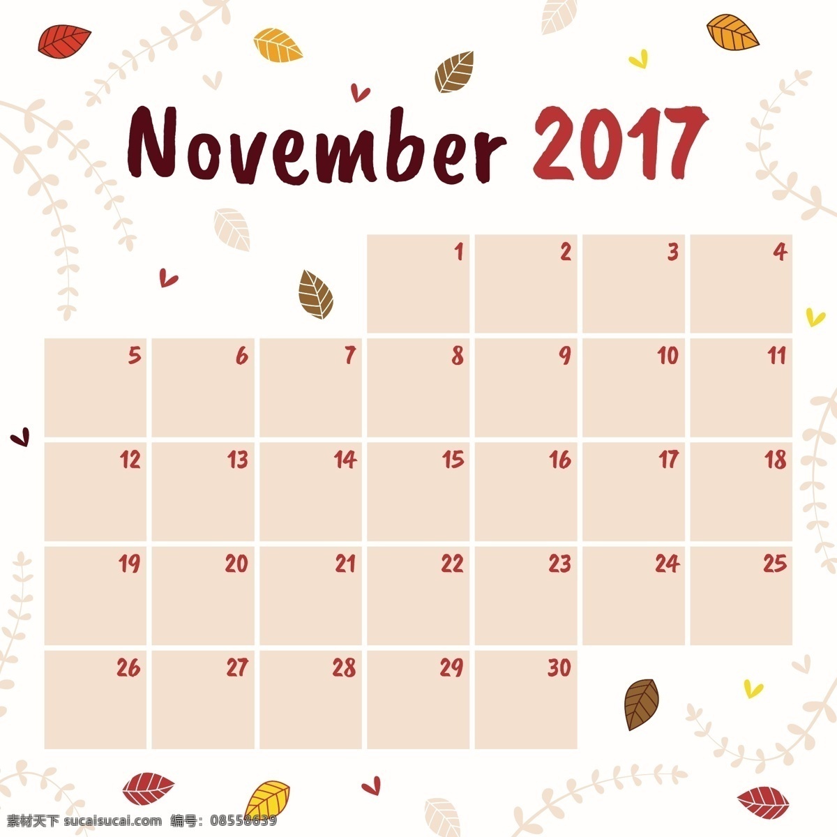 十一月 日历 模板 秋天 树叶 数字 时间 现代 计划 时间表 日期 日记 月 周计划 每周 每日