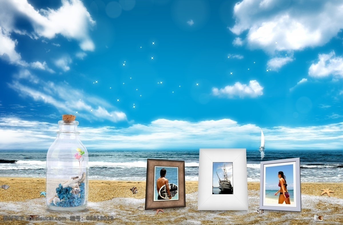 海阔天空 蓝天 白云 海洋 运动 相片 照片 创新psd 沙滩 夏天 相册 相框 游泳 许愿瓶子 psd源文件