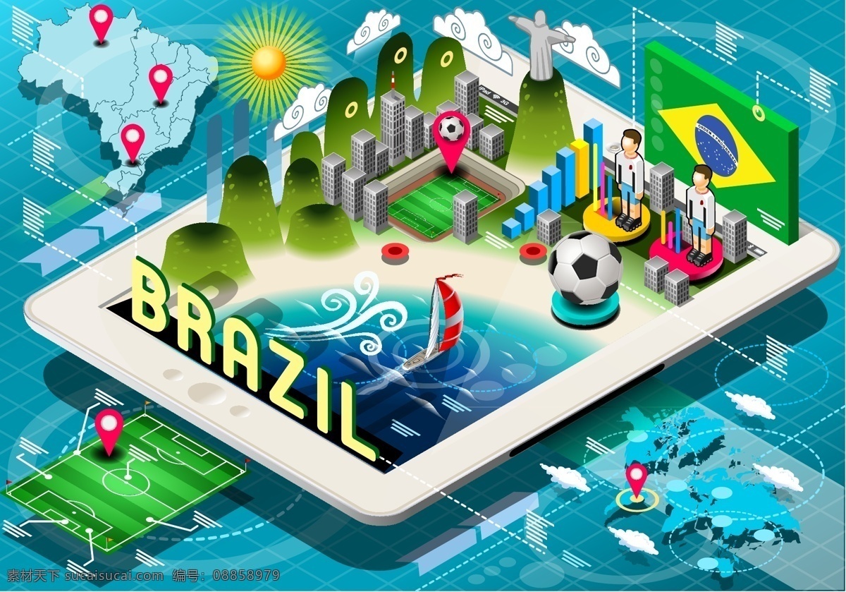 平板电脑 巴西 世界杯 模板下载 足球 足球赛事 足球比赛 体育运动 生活百科 矢量素材 青色 天蓝色