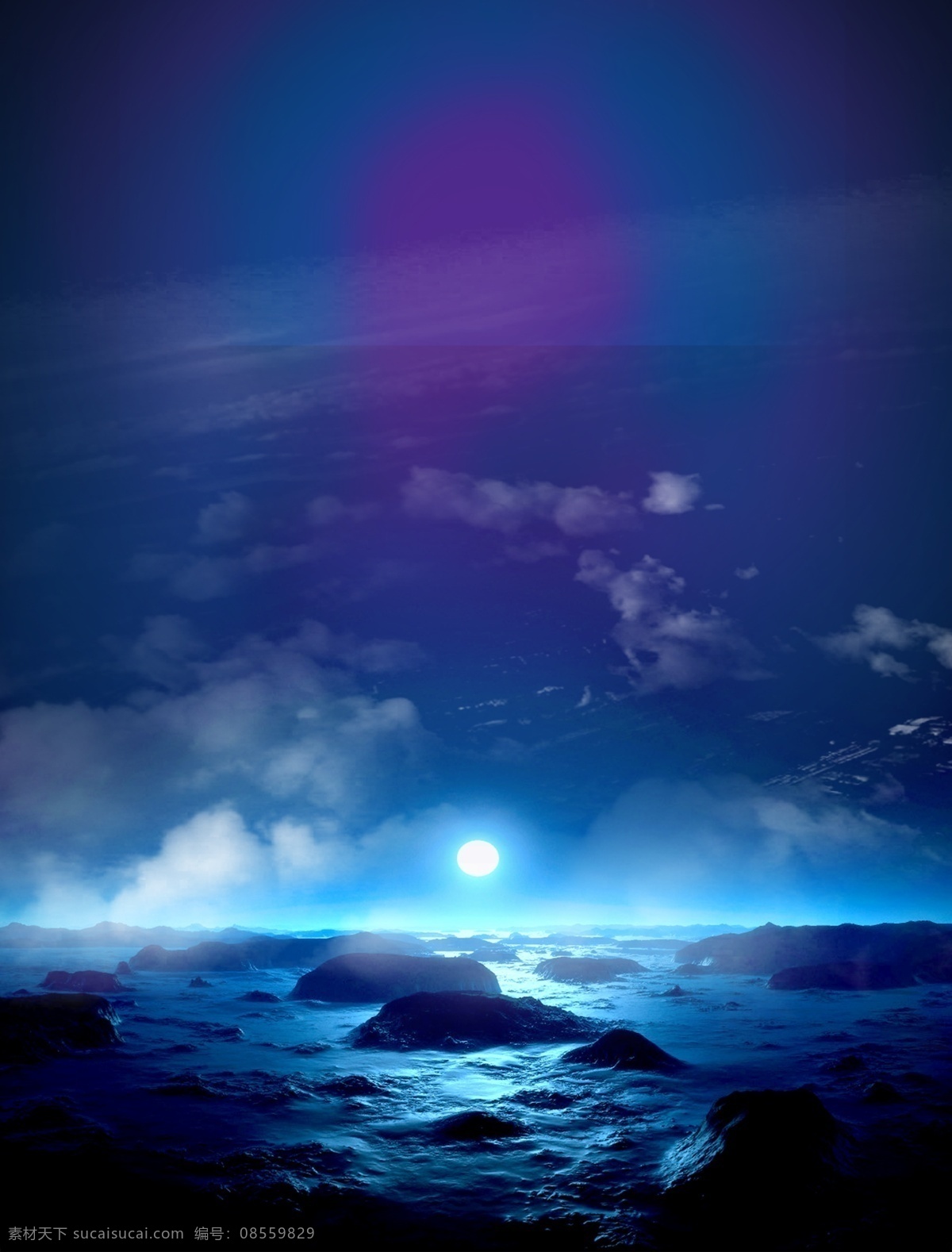 夜晚 河边 礁石 月亮 夜空 风景 装饰画 墙画 背景