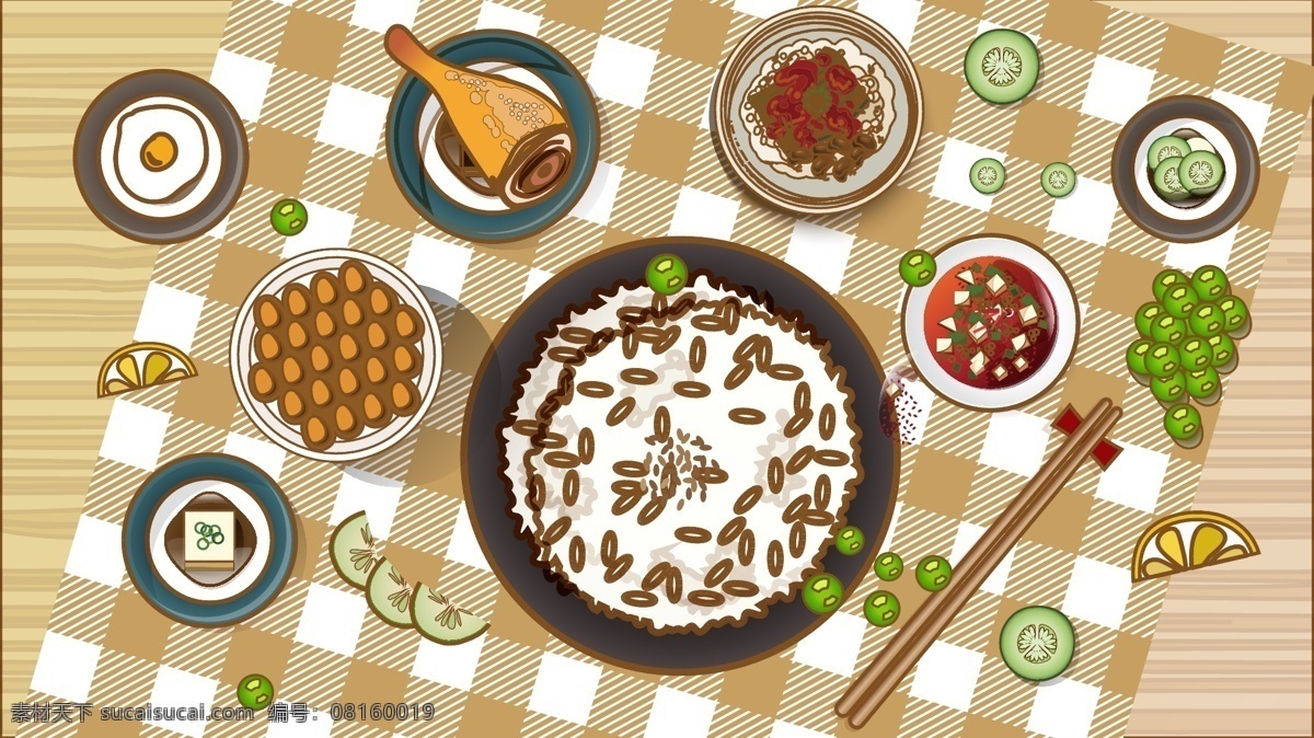 米饭 中餐 矢量 美食 插画 豆腐 卡通 盘子