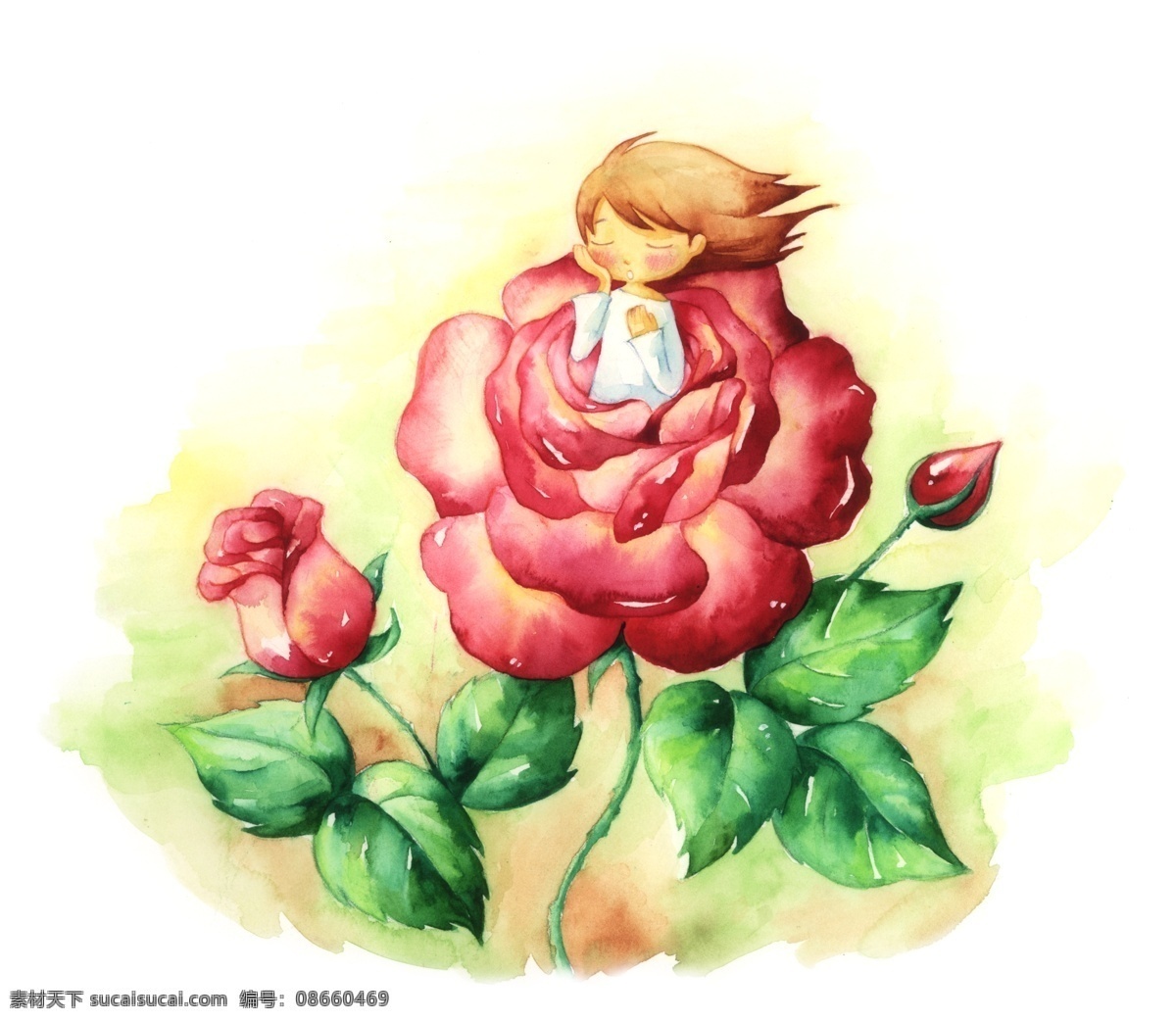 水彩手绘女孩 水彩 手绘 女孩 插画 韩国插画 儿插 渲染 唯美 玫瑰 蔷薇 少女 爱情 人物 分层 源文件