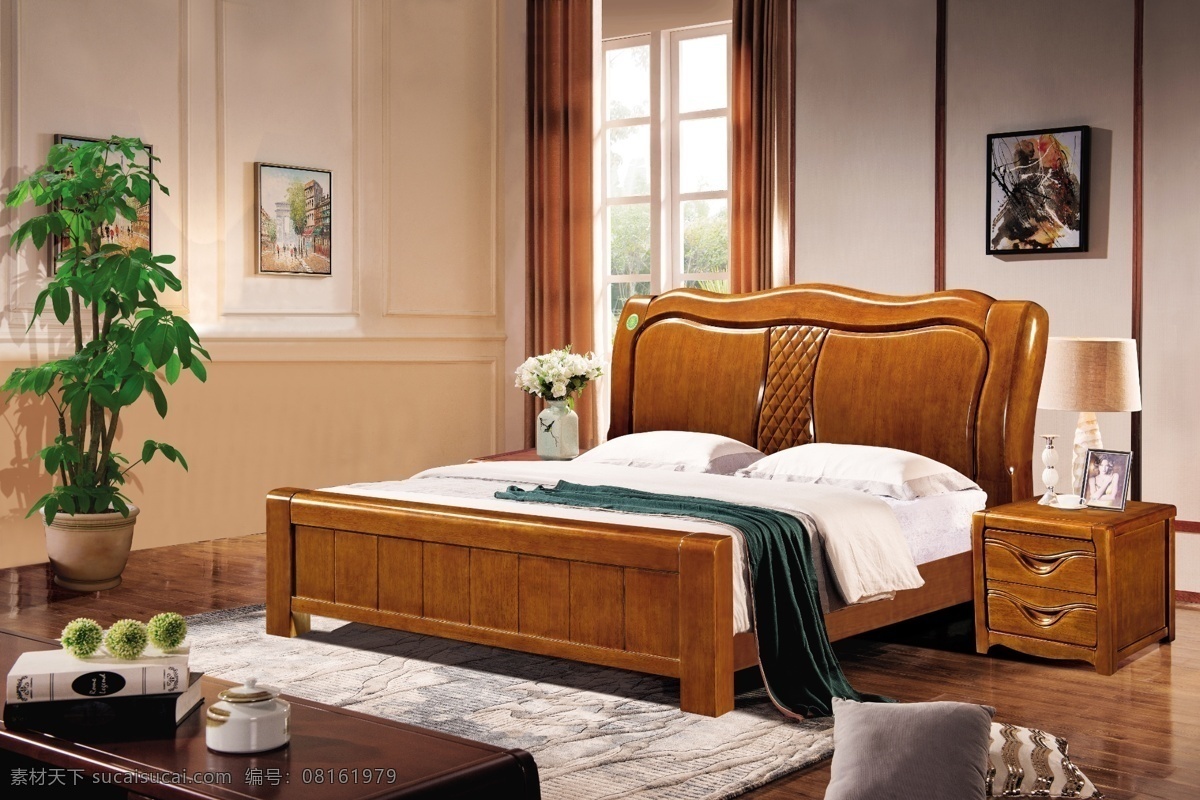 中式 实木 床 配景 现代中式 实木床配景 床配景 中式床 画册设计