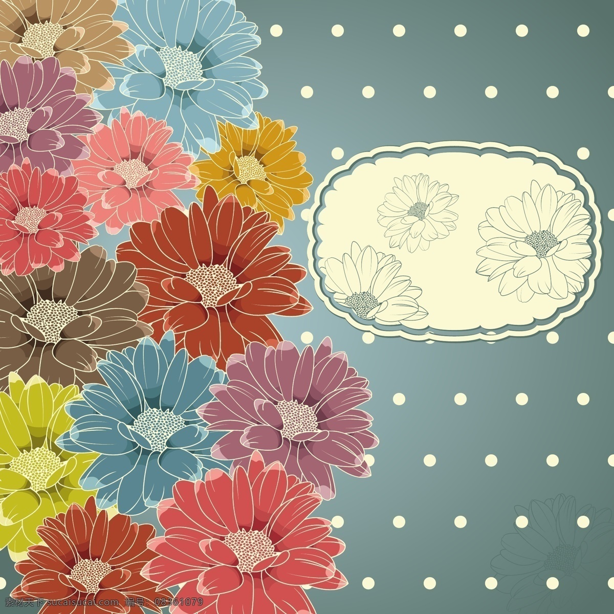 矢量 多彩 鲜花 线条 花朵 背景 标签 花瓣 菊花 矢量素材 矢量图 花纹花边