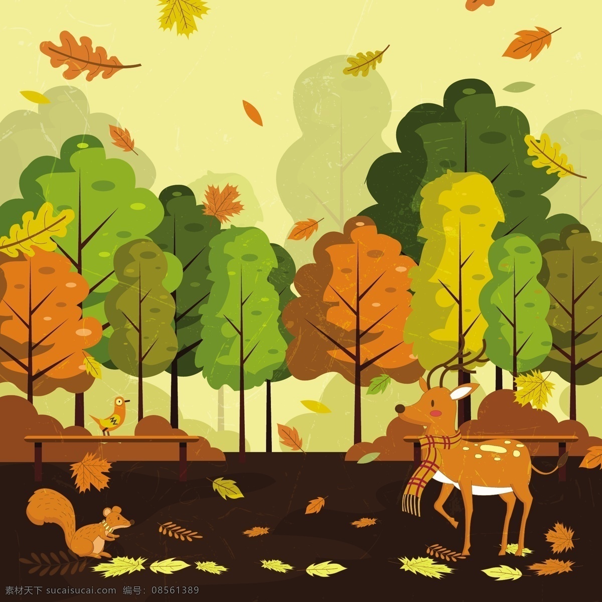 秋天 森林 风景 背景 金黄色的森林 落叶 麋鹿 松鼠