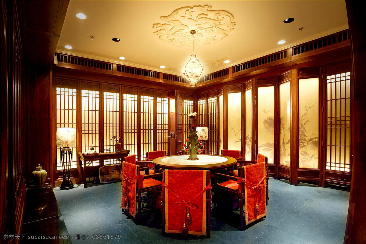 白色射灯 餐厅 窗户 个性吊灯 灰色地板砖 简约 圆形 餐桌 工装 效果图 方形灰色吊顶