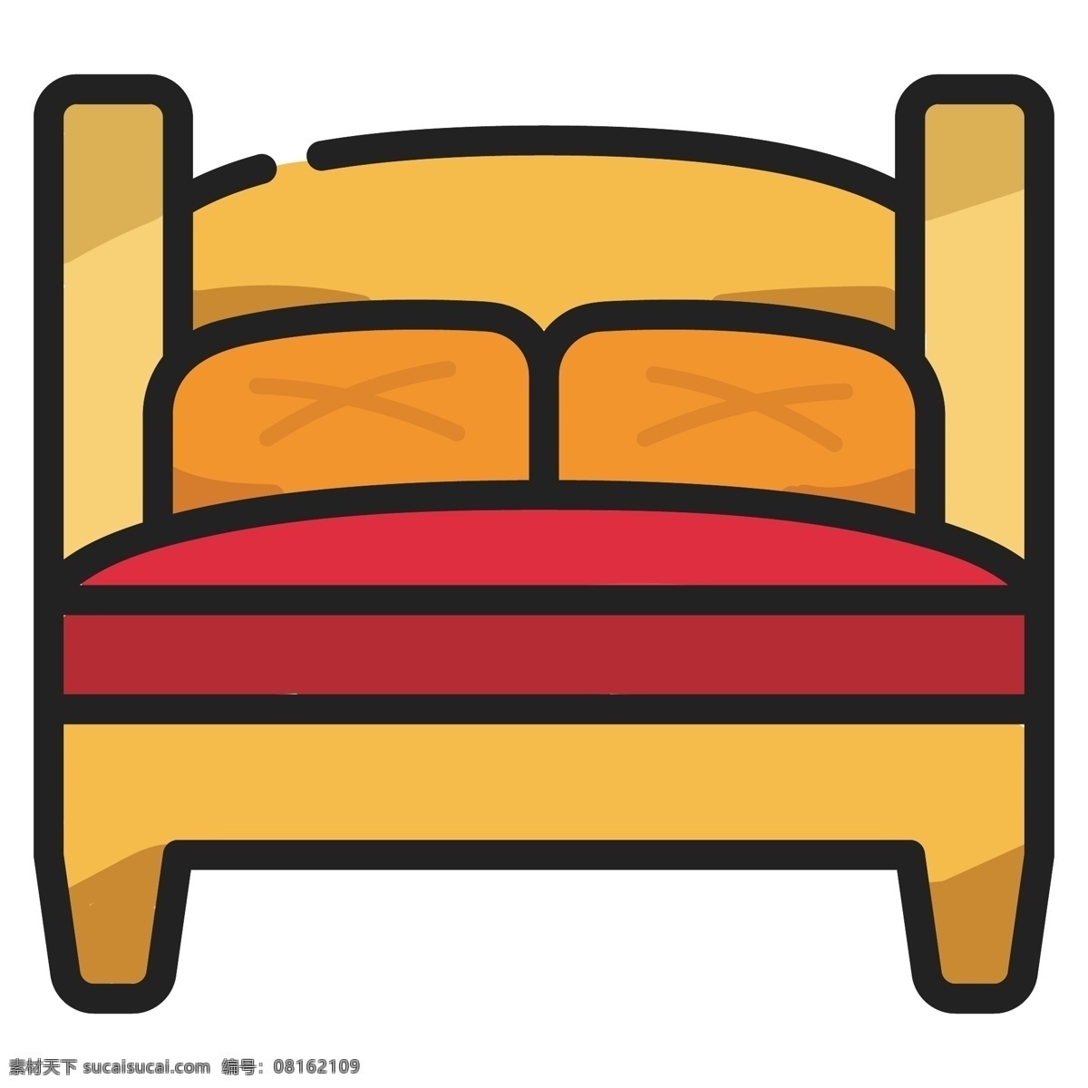木质 双人床 卡通 插画 红色的床垫 木质大床插画 黄色的枕头 木质大床 卡通家具插画 家具 床