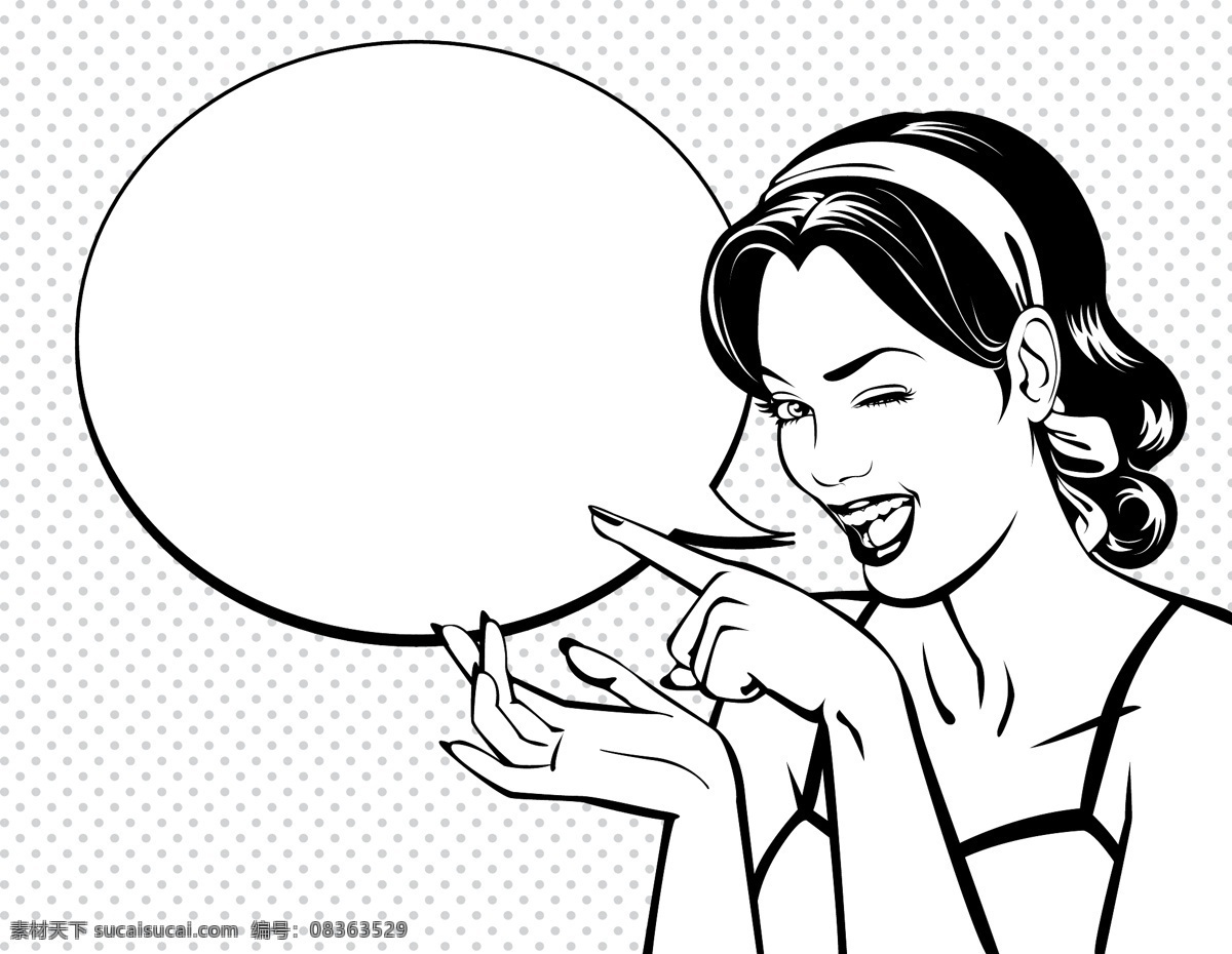 开心 卡通 黑白 动漫 欧美 女性 对话 矢量 国外 人物 漫画 形象 手绘 对话框 分镜