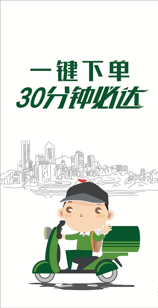 送货小哥海报 送货员 快递员 卡通 绿色 可爱 城市 卡通设计
