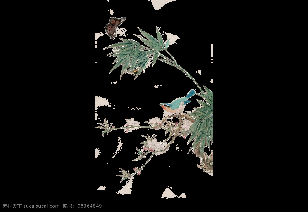 卡通 绿色 竹子 飞舞 蝴蝶 元素 png元素 免抠元素 透明素材 小鸟
