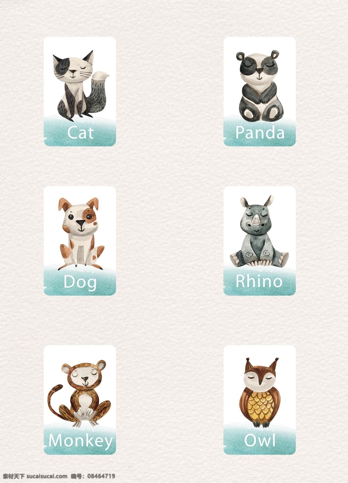 款 可爱 手绘 动物 卡片 矢量 小清新 矢量图 卡通 猫 狗 熊猫 猴子 河马 猫头鹰