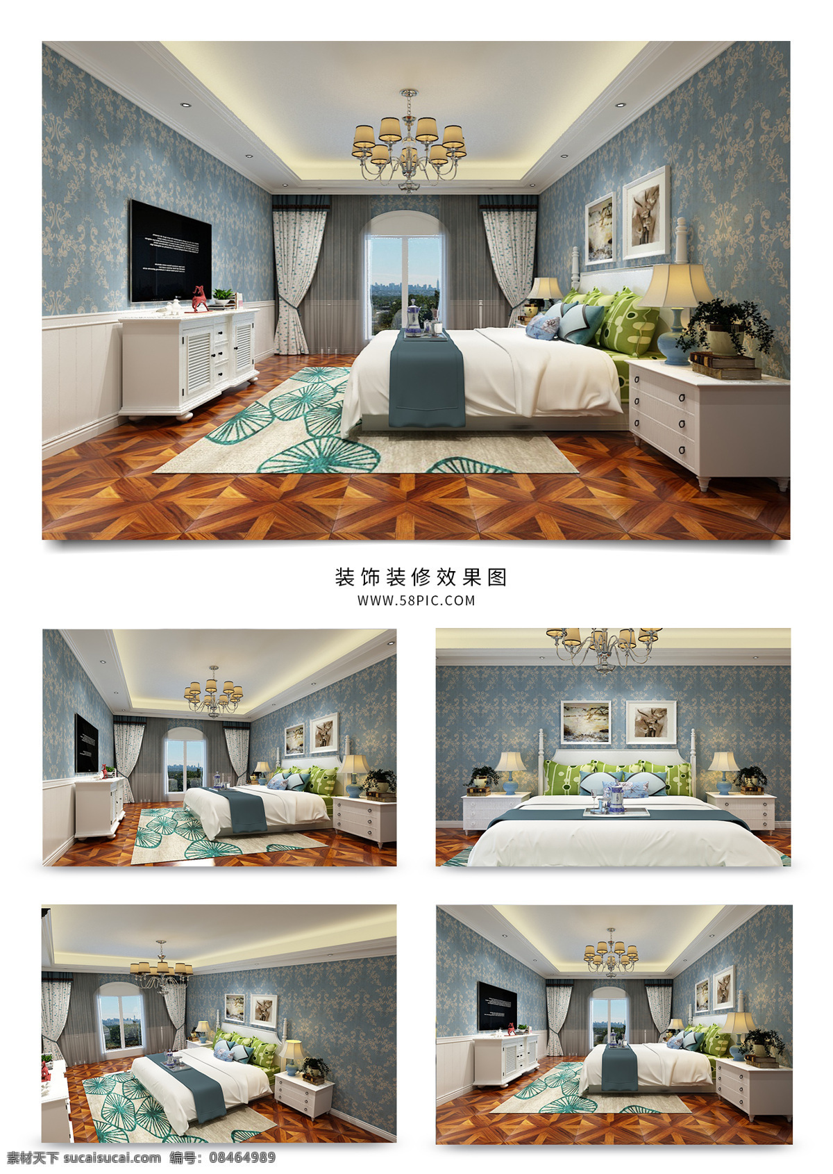乡村 田园 卧室 效果图 地毯 挂画 吊灯 地板 窗帘 电视柜组合 组合床