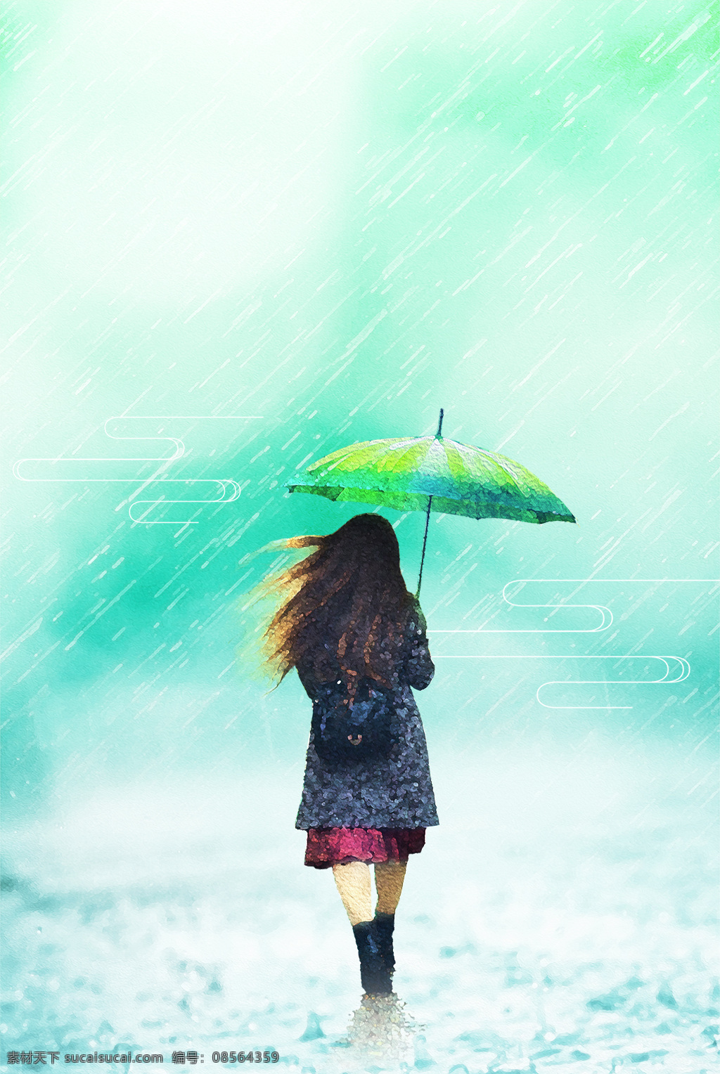 蓝色 浪漫 谷雨 背景 唯美 时尚 祥云 女孩 雨滴