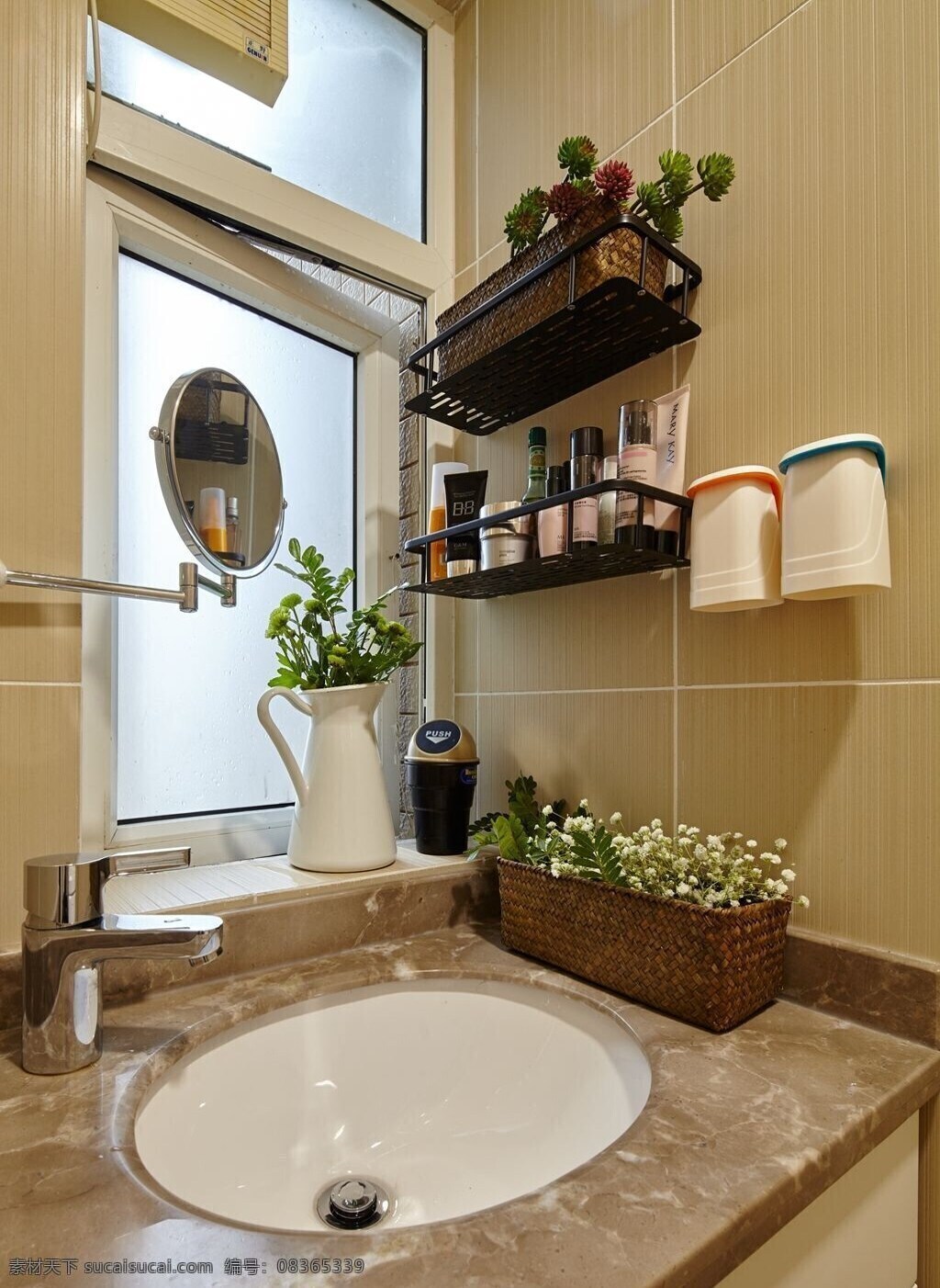 简约 时尚 卫生间 洗手台 装修 效果图 窗户 灰色墙壁 排气扇 置物架