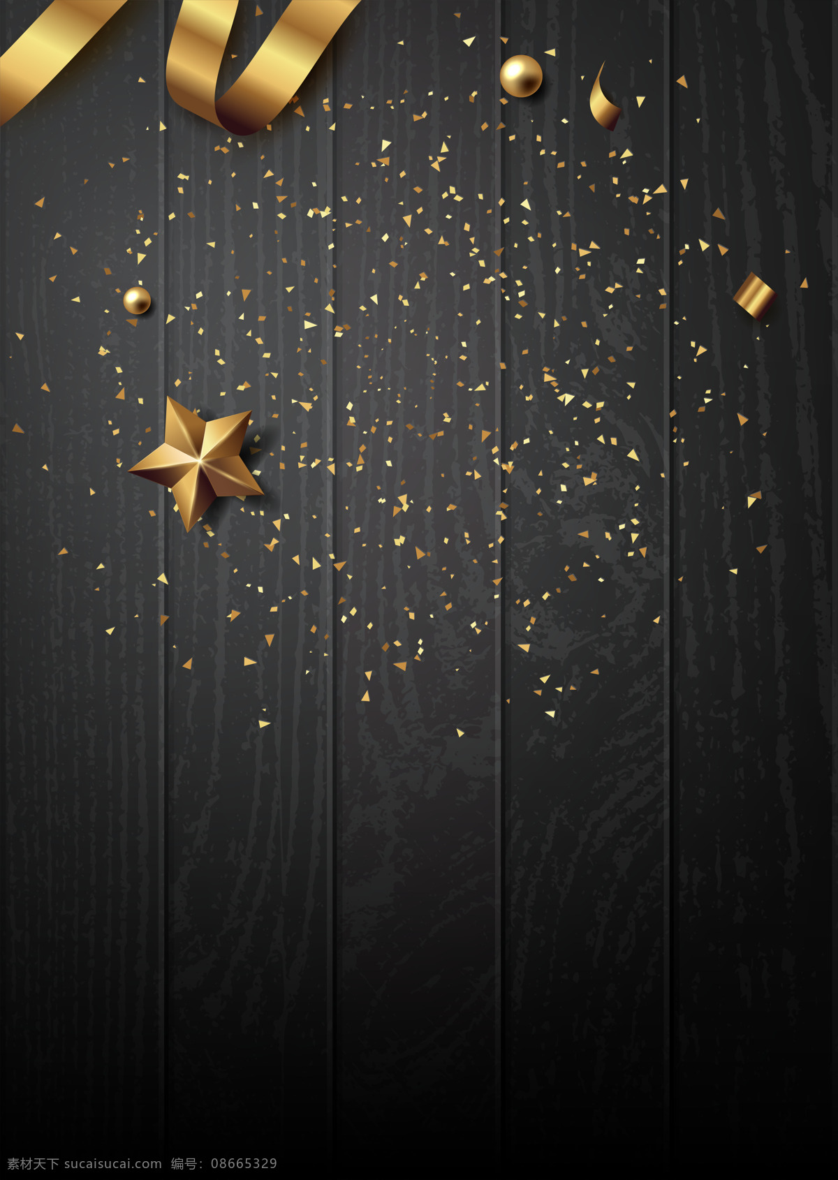 黑色 创意 个性 圣诞 背景 金球 木板 圣诞节 丝带 碎金 星星