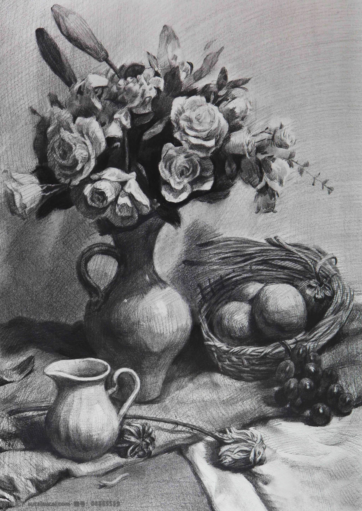 素描 素描静物 静物素描 素描作品 罐子 鲜花 篮子 水果 艺术绘画 文化艺术 绘画书法