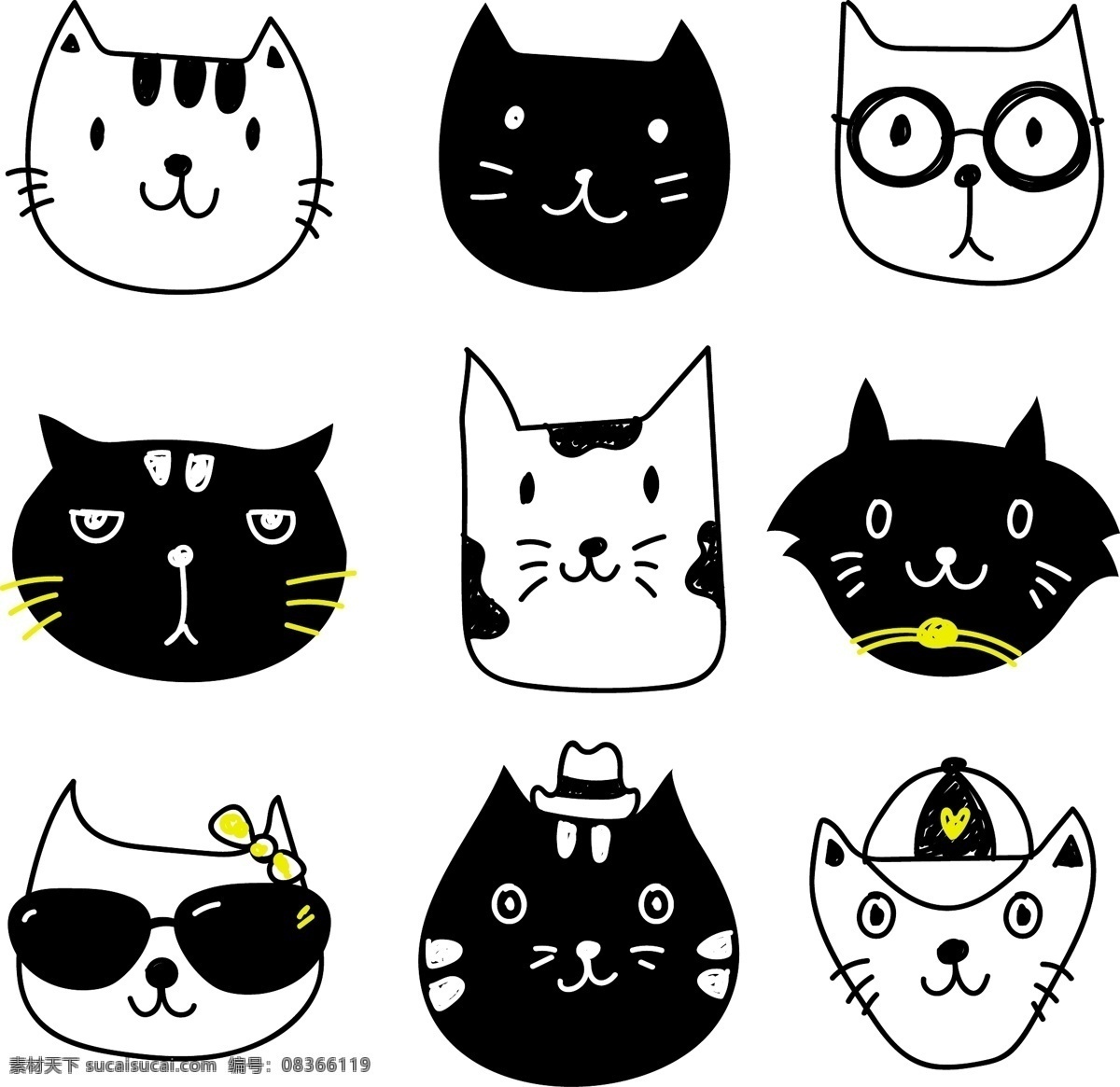 组 黑白 猫 可爱 头像 卡通 卡哇伊 矢量素材 动物 小动物 创意设计 简约 创意 元素 生物元素 动物元素