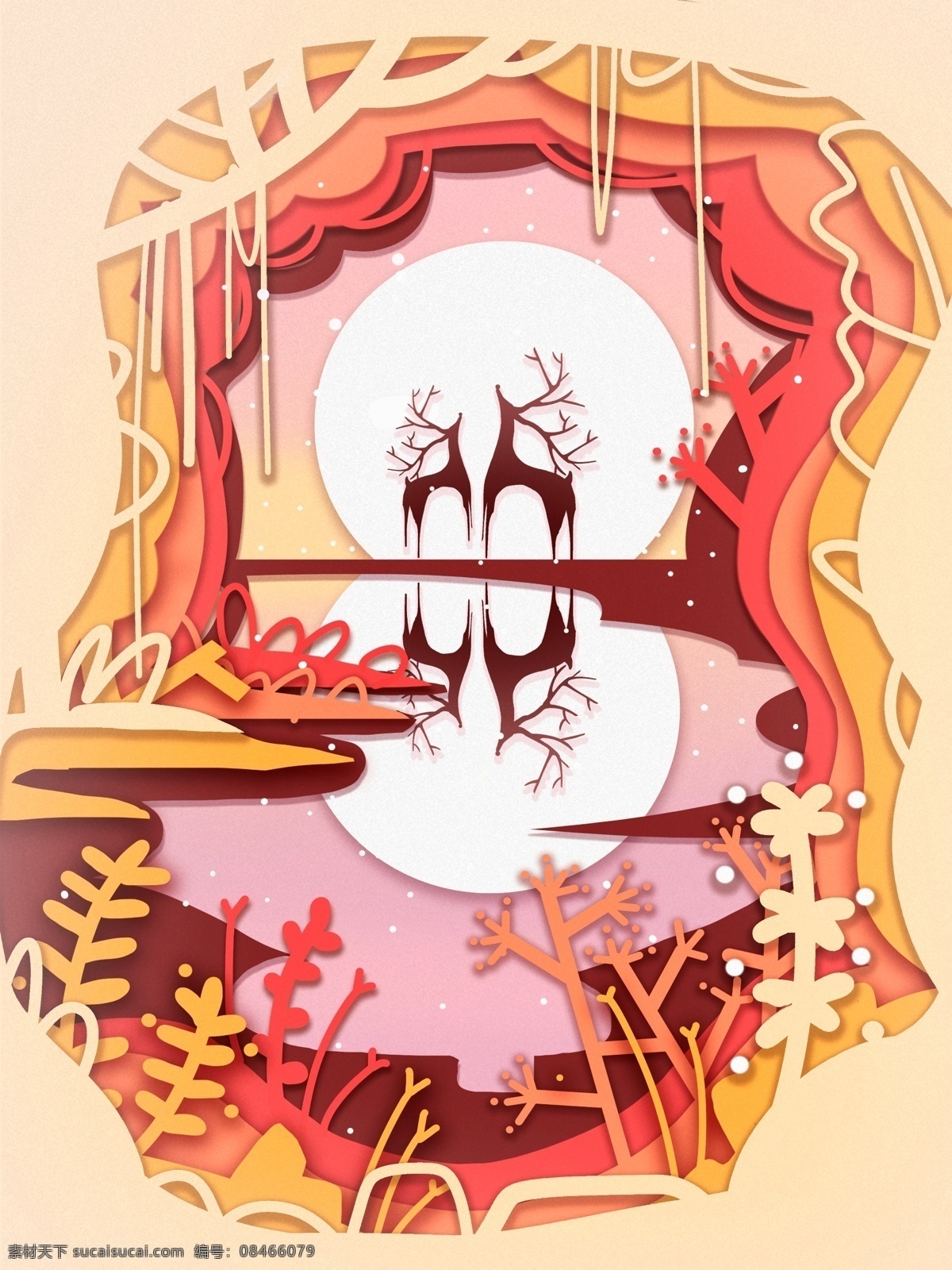 森林 鹿 剪纸 风 原创 插画 红色 黄色 清新 丛林 花 草 粉色 安静 湖 月亮 倒影 明亮 立体风格 朋友圈 微博 公众号配图