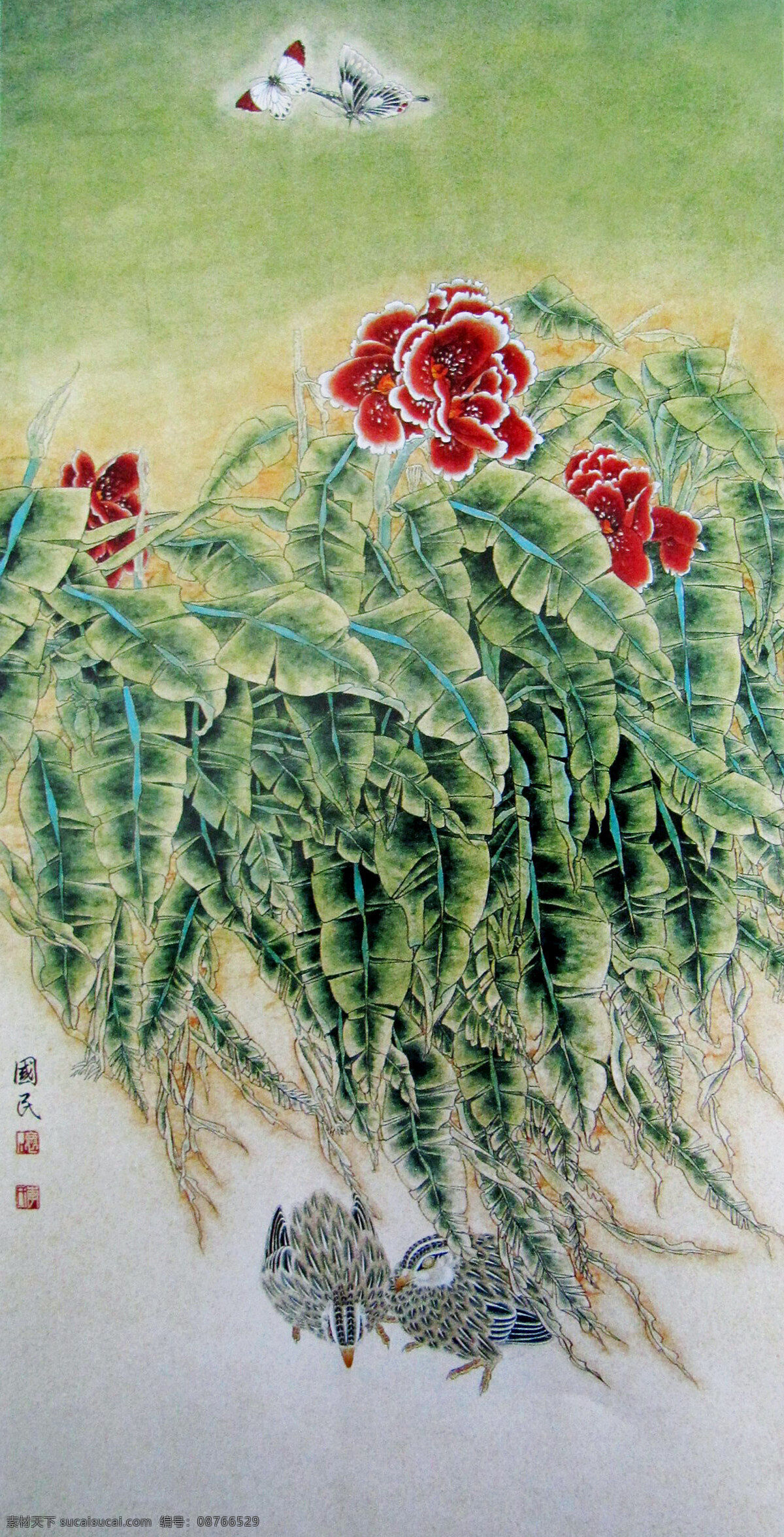 国画艺术 红花朵 蝴蝶 花卉 花鸟画 花香 花语 绘画书法 清馨 美术 中国画 工笔重彩画 植物画 现代国画 植物 美人蕉花 绿叶 盛开 鹌鹑 书法 印章 国画集21 文化艺术 家居装饰素材 雕刻 图案