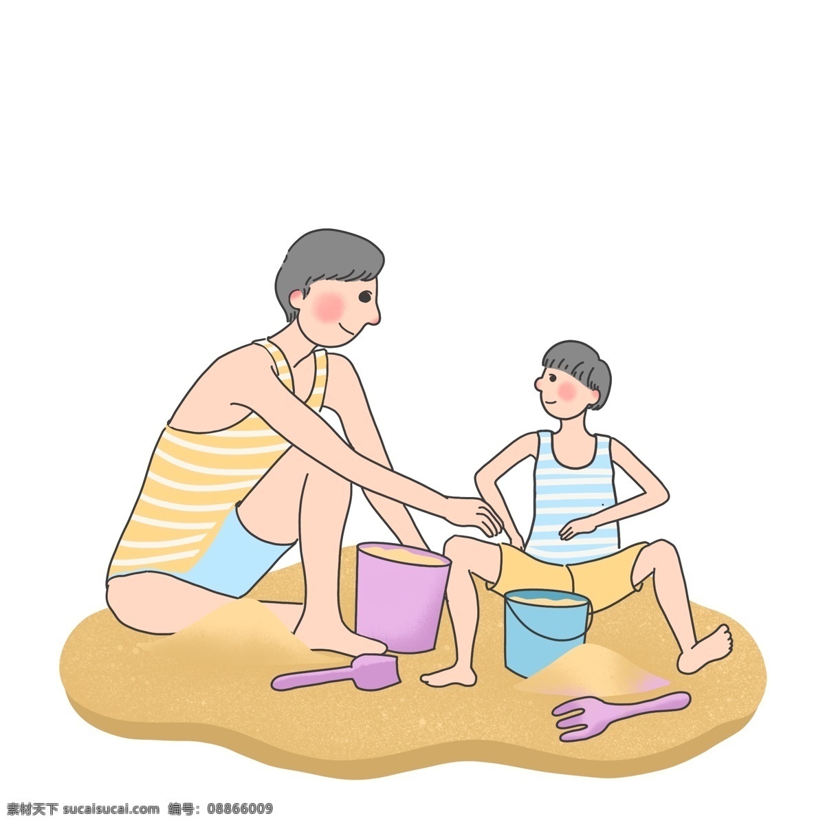 父亲节 爸爸 儿子 爱 瞬间 玩耍 沙滩 父子 亲子 卡通可爱 小清新 手绘