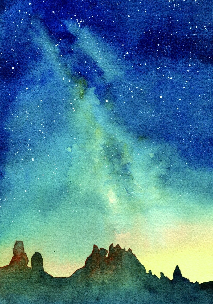 星空夜色渲染 手绘渲染星空 色彩 山 点点 韩版 背景 共享图片 文化艺术 绘画书法