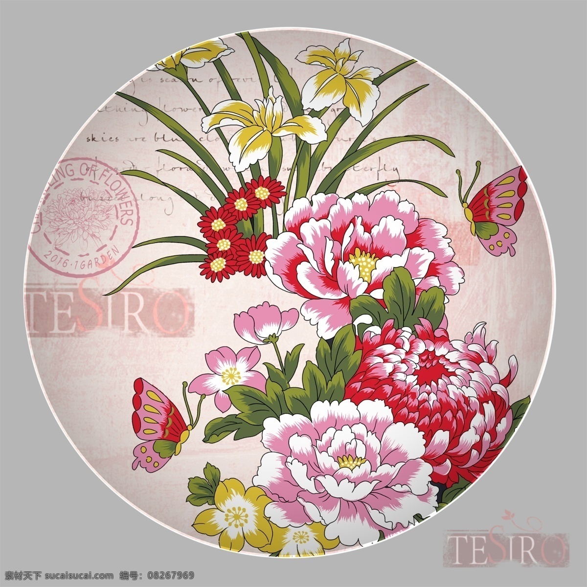 牡丹花 手绘花 盘花 碟花 陶瓷花 边花 位图 仿古 盘碟贴花 底纹边框 花边花纹