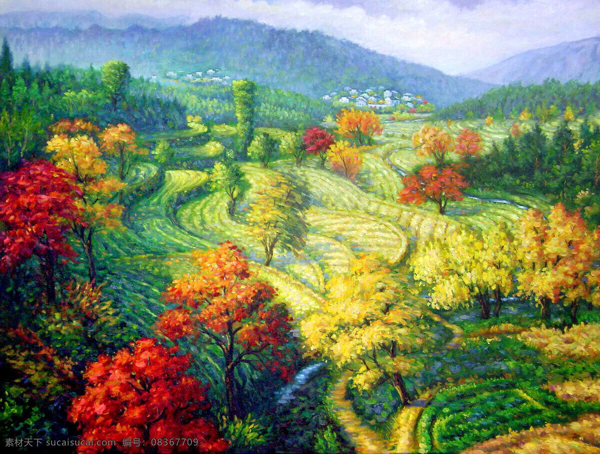 房屋 风景 绘画 绘画书法 美术 秋天 山岭 山区 秋光满山川 油画 庄稼 树林 树木 红树 村子 油画艺术 油画作品28 文化艺术