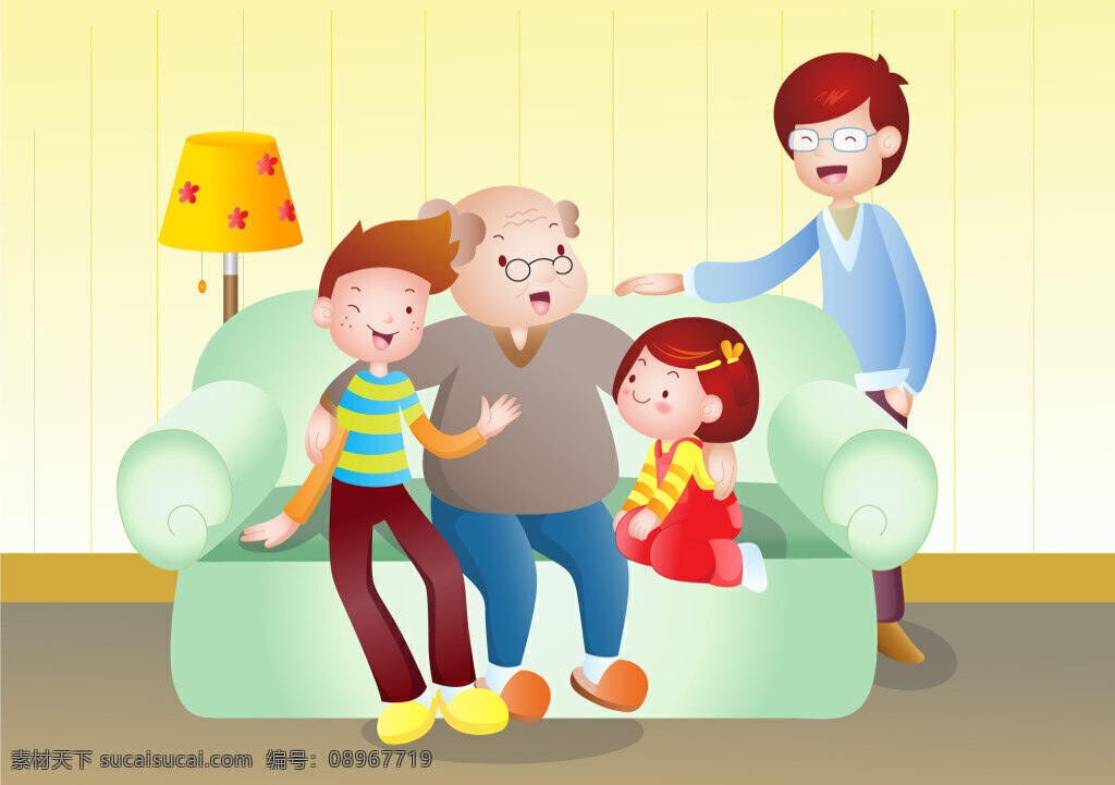 卡通家庭人物 客厅聊天 家庭成员 沙发 台灯