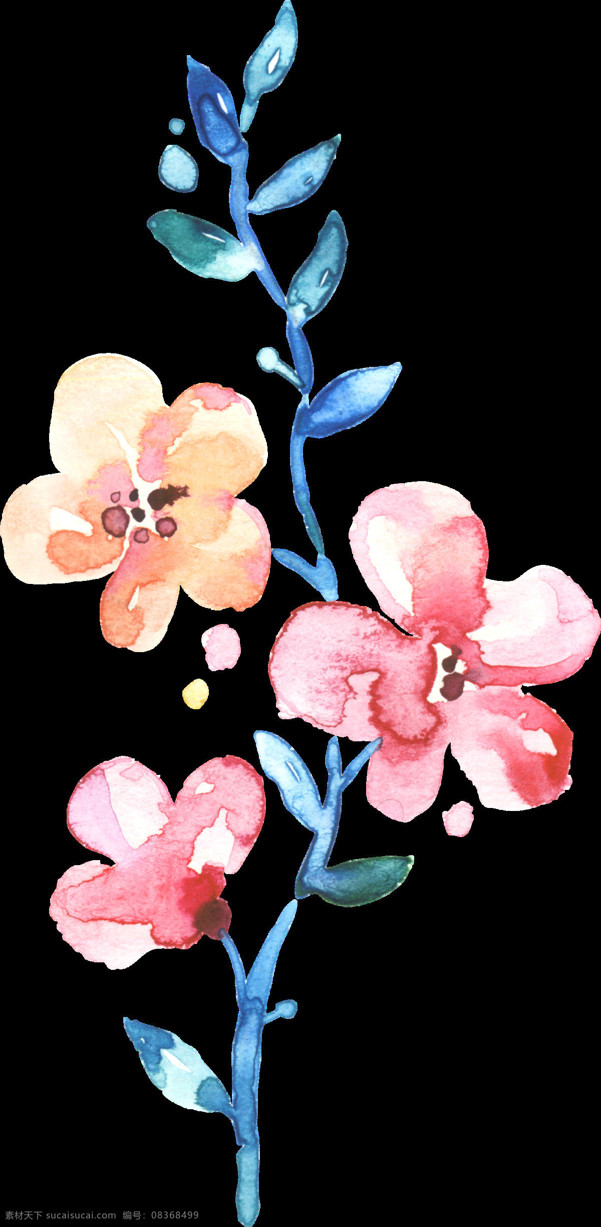 手绘 春季 盛开 花朵 透明 水彩 蓝色椅子 橘红色 枚红色 透明素材 免扣素材