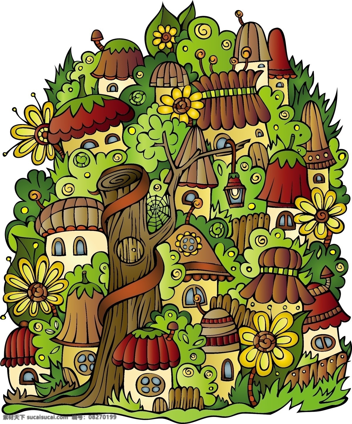 卡通 蘑菇 房子 矢量 插画 格式 花草 可爱 矢量素材 树木 植物 自然 关键字 魔符 矢量图 其他矢量图