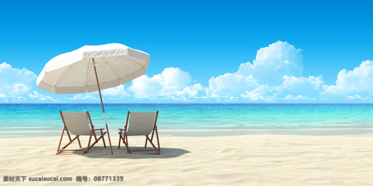 休闲 躺椅 中间 遮阳伞 大海 海边 海水 浪花 海浪 海滩 沙滩 蓝天白云 闲躺椅 风景 海洋海边 自然景观 白色
