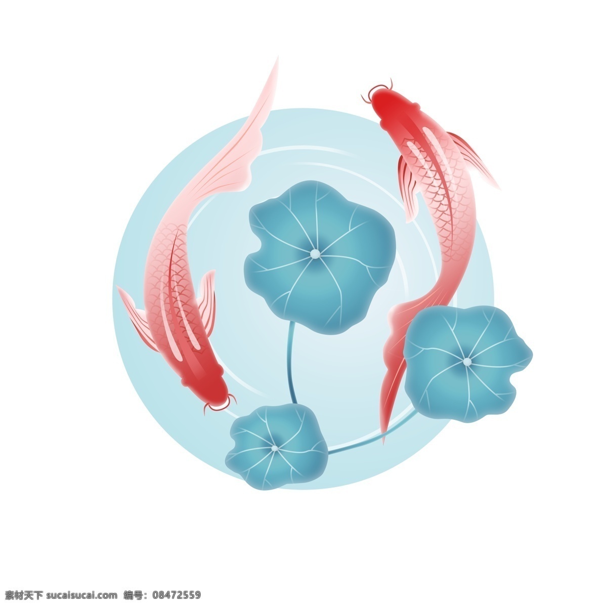 手绘 清新 插画 国风 锦鲤 鲤鱼 荷叶 年年有余