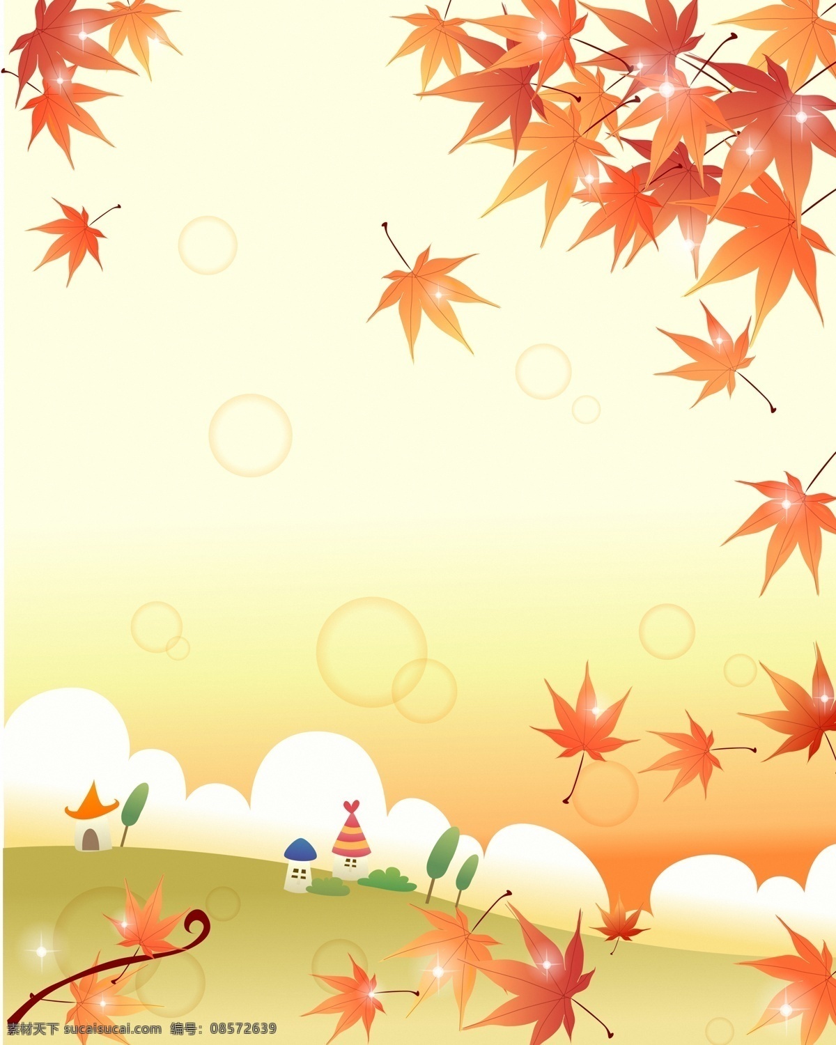 儿童 插画 背景 素材图片 枫叶 房子 卡通背景 花朵 鲜花 树叶 植物 叶子 花草树木 梦幻背景 底纹背景 生物世界