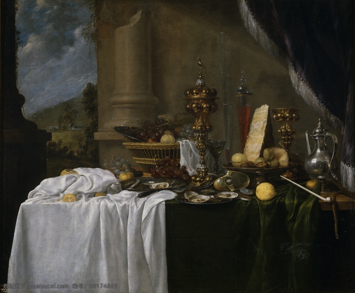 玻璃瓶 餐具 风景 古典 绘画书法 静物 面包 水果 油画静物 餐具与水果 油画 碗 金属壶 文化艺术 家居装饰素材