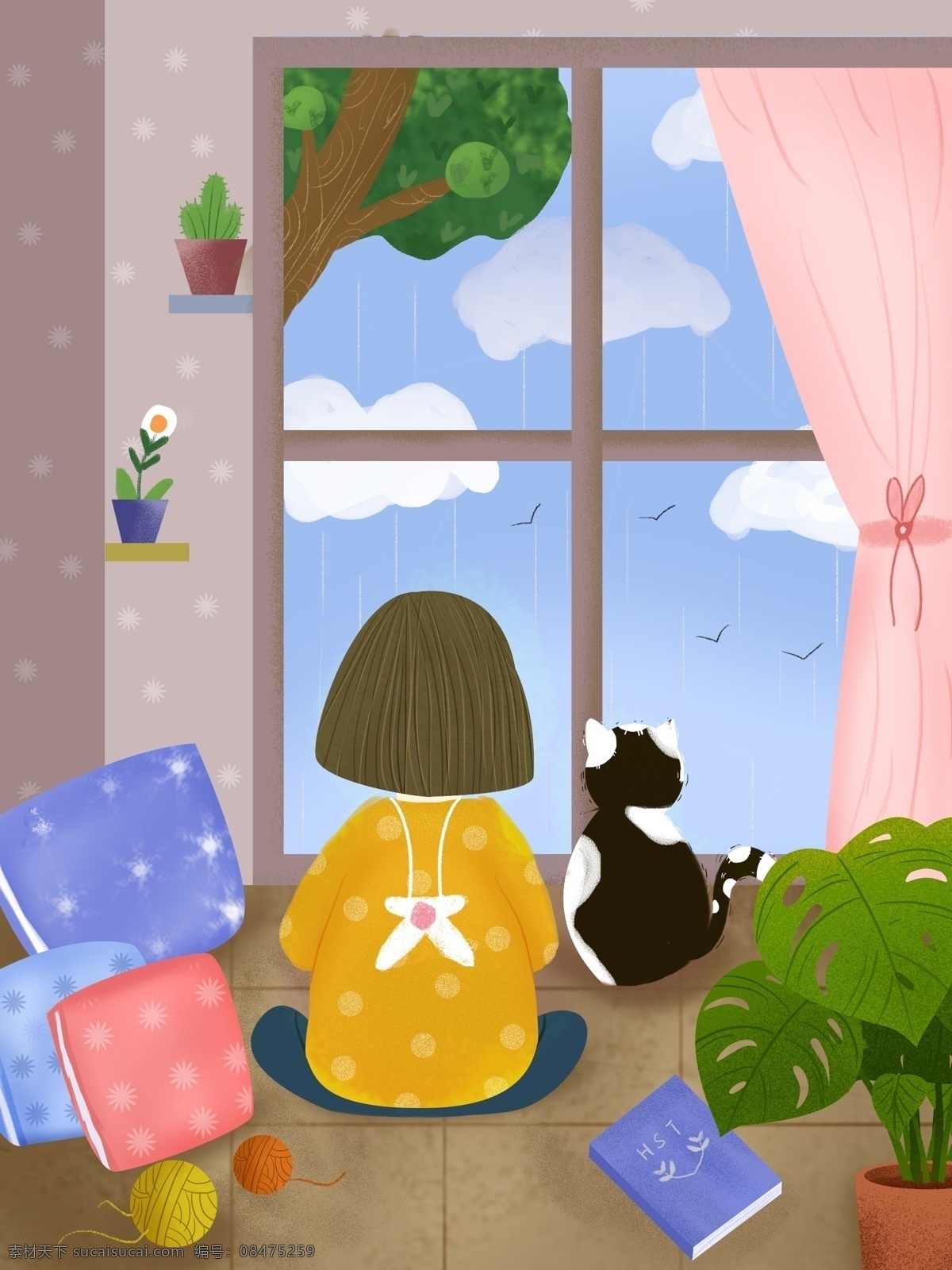 小 清新 谷雨 节气 少女 下雨天 插画 猫咪 植物 盆栽