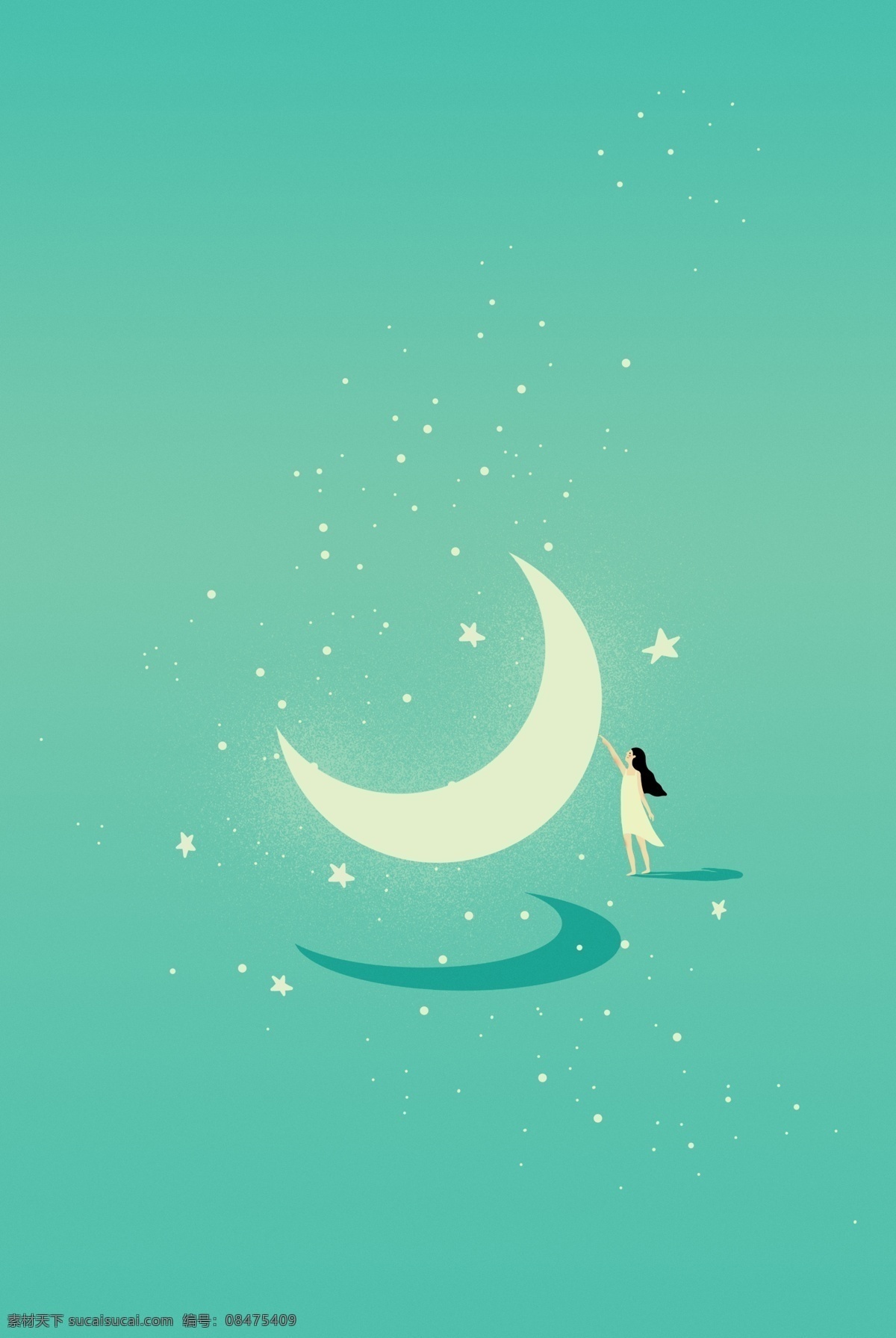 绿色 唯美 月亮 星空 下 女孩 背景 简约 星星 发光 夜晚 海报