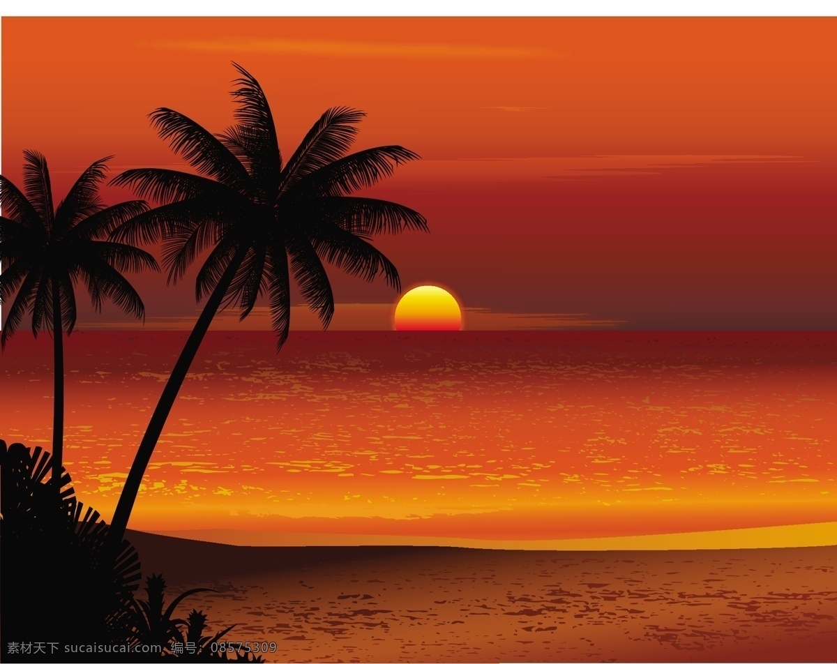 朝阳海洋风景 海洋 海滩 沙滩 椰子树 朝阳 天空 云彩 风景 风光 手绘 时尚 梦幻 背景 矢量 自然风景 主题 自然景观