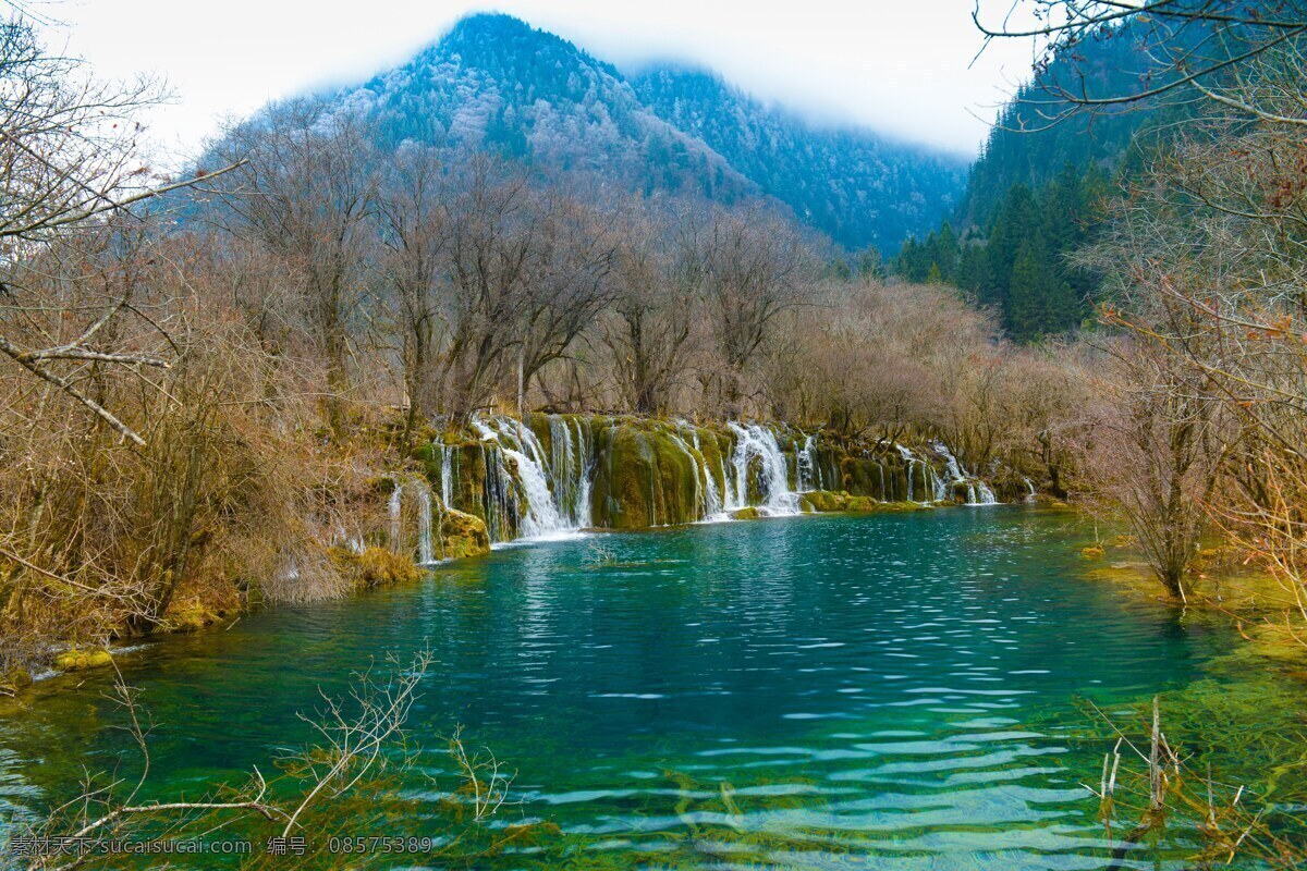 冬日九寨沟 九寨沟 冬天 瀑布 水流 石头 土地 河流 山峰 树木 枯树 绿水 国内旅游 旅游摄影