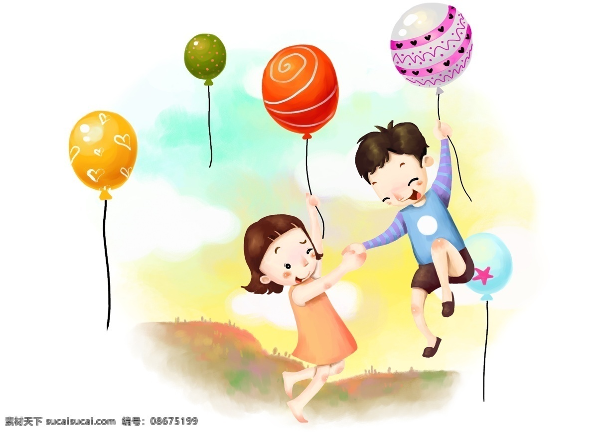 卡通 人物 彩色气球 卡通人物 男孩 女孩 气球 童话 小孩 飞起的人 多彩天空 psd源文件