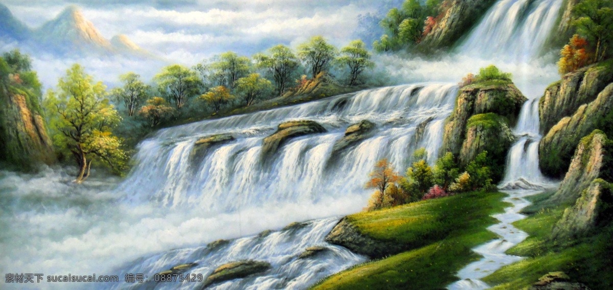绘画书法 美术 瀑布 山水画 树木 文化艺术 油画 青山泉歌 山溪 云雾 急流 油画艺术 油画作品41 装饰素材