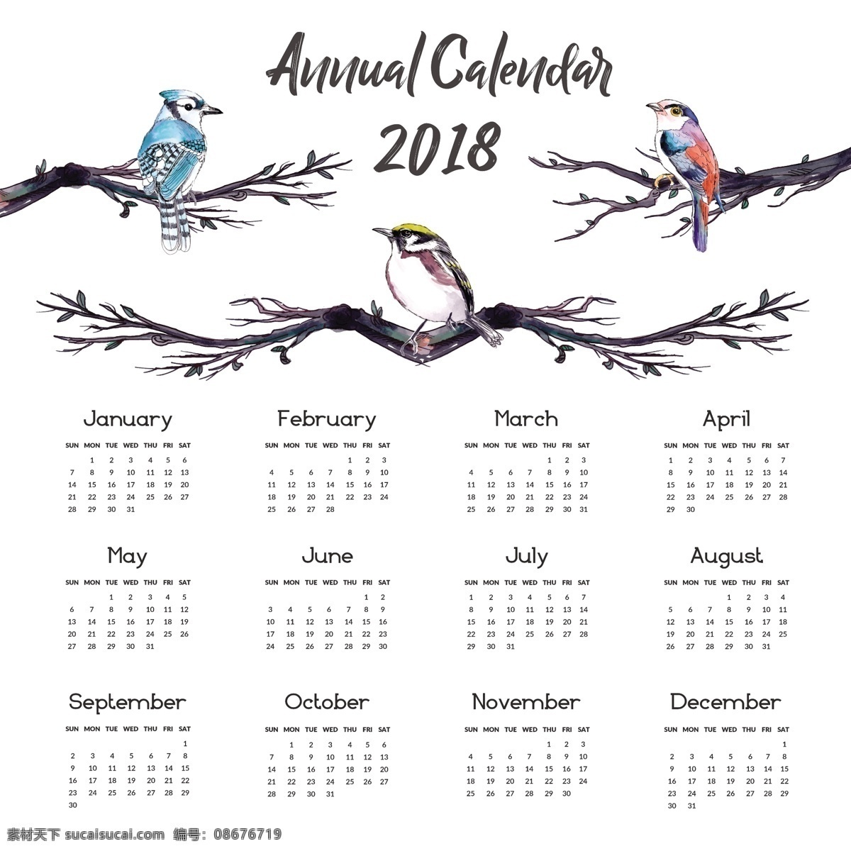 彩绘 树枝 鸟 2018 年 年历 矢量图 彩色 小鸟 可爱 新年 新春 2018年 月历