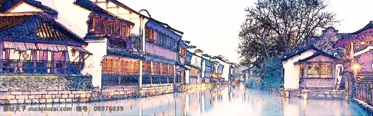 古城 古镇 手绘 景点 banner 背景 意境 绘画 山水画