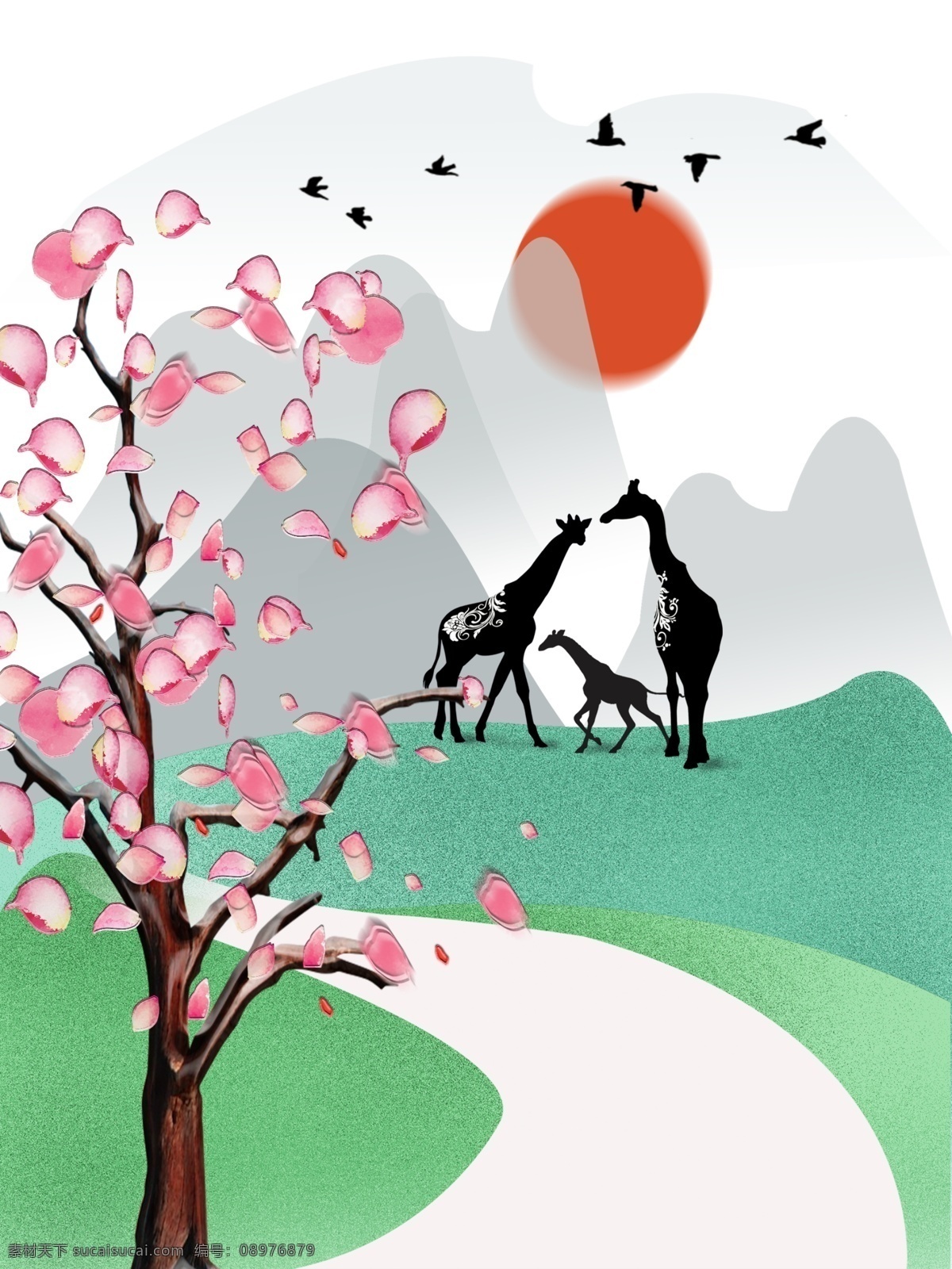 简约 立体 桃花 盛开 客厅 装饰画 日出 母子鹿 绿色草丛 创意手绘 一联画 桃花立体树