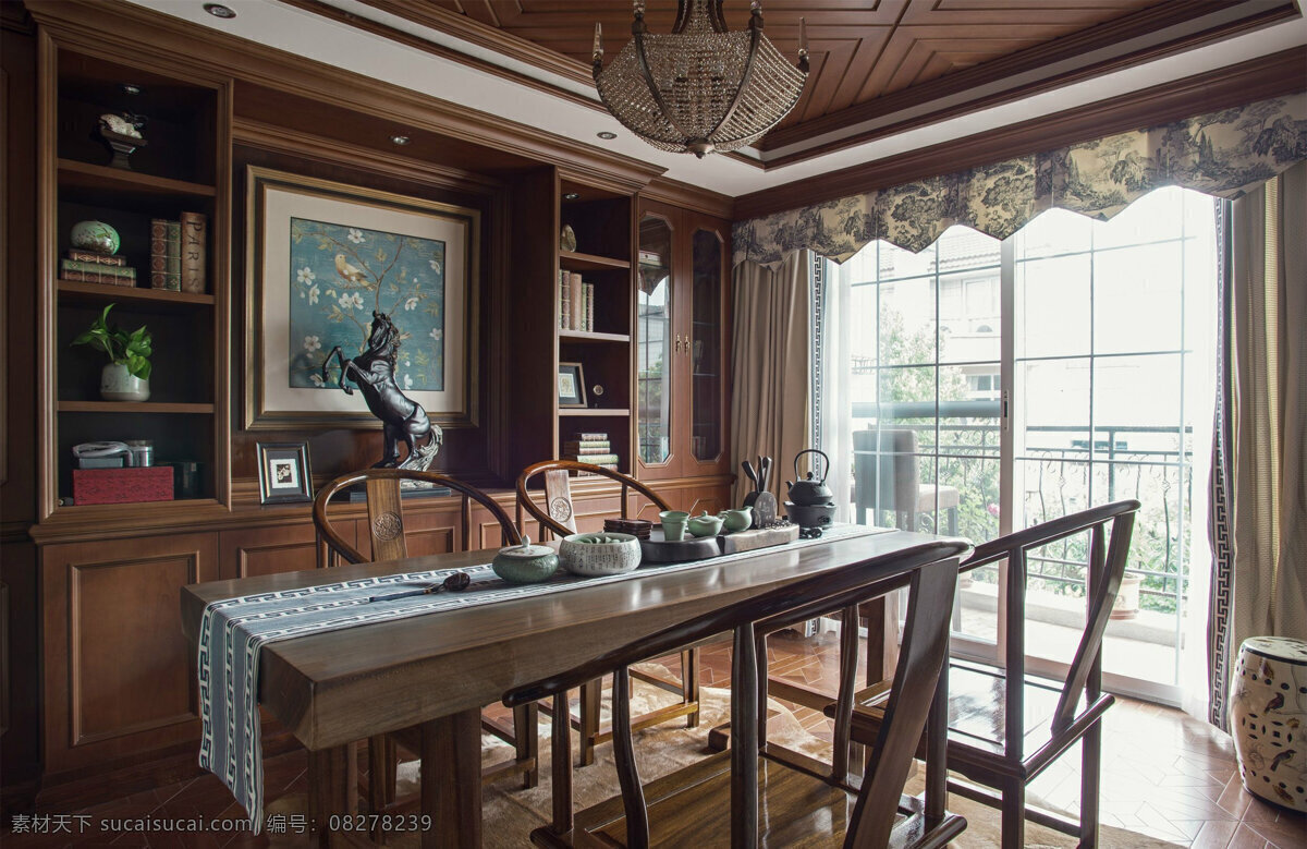 中式 时尚 客厅 木制 柜子 室内装修 效果图 客厅装修 褐色吊灯 褐色柜子 木地板