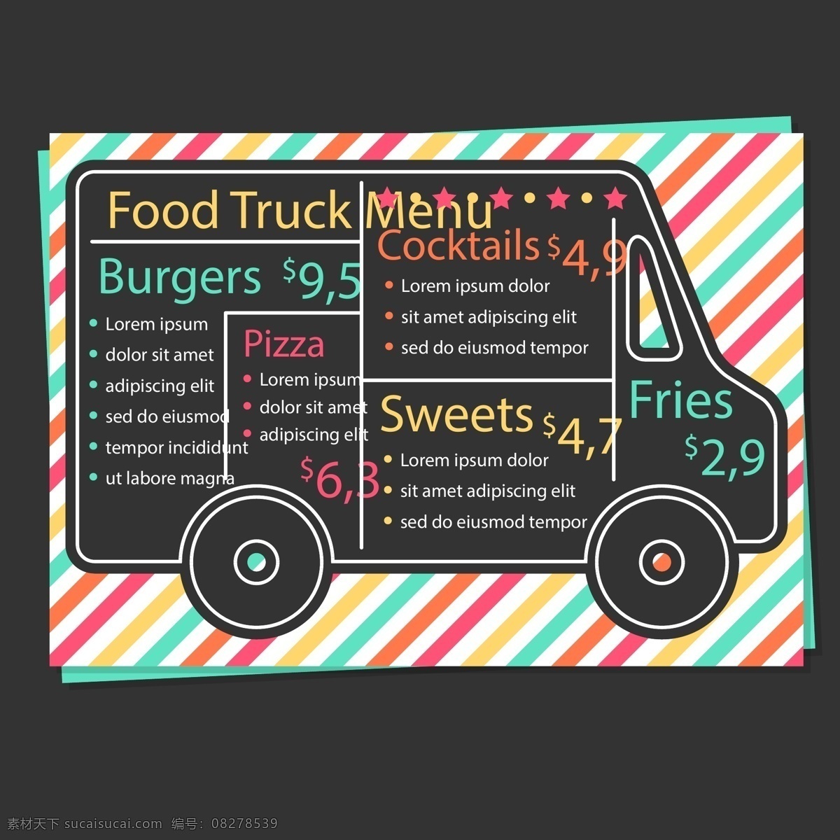 多彩 风格 食品 车 菜单 扁平 彩色 卡通 食物 食品车 餐车