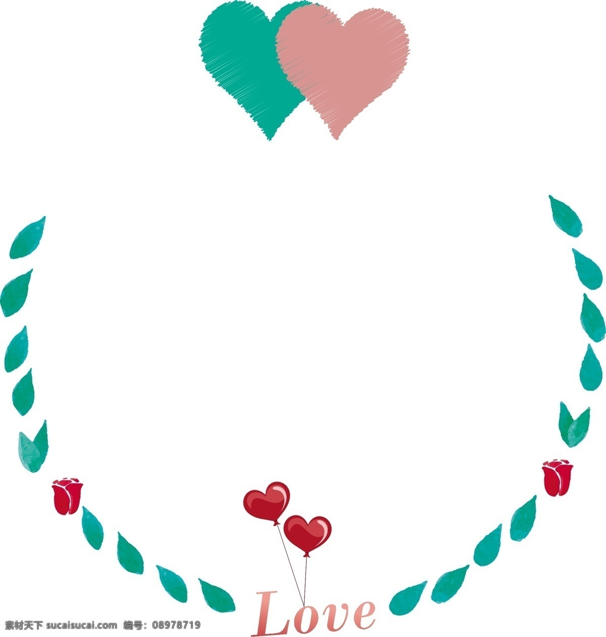 情人节 心心相印 爱情 圆 框 love 矢量 边框 爱心 玫瑰 叶子 绿叶 气球 爱 一箭穿心 爱情气球 红色 绿色 粉色 圆形边框 节日 西洋节日 花朵