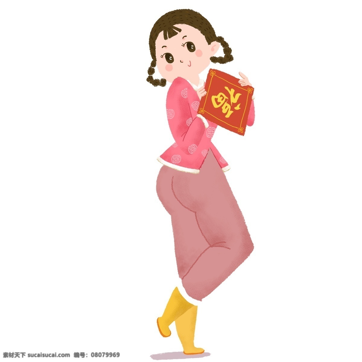 中国 风 福字 女孩 中国风 卡通 春节 手绘 新年 东北 大花棉袄 人物设计 过年 2019年 猪年