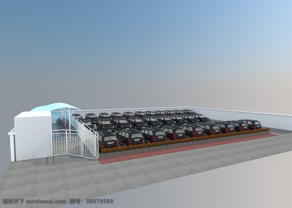 停车场 车库 3d 效果图 车棚 汽车 自行车 花基 人行道 不锈钢栏杆 材质贴图 3d设计 3d作品 max