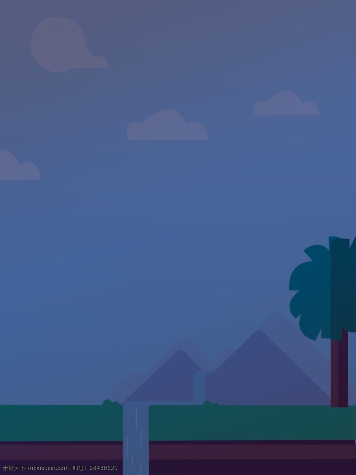 纯 原创 扁平 风 夜晚 背景 白云 月亮 山 水 树